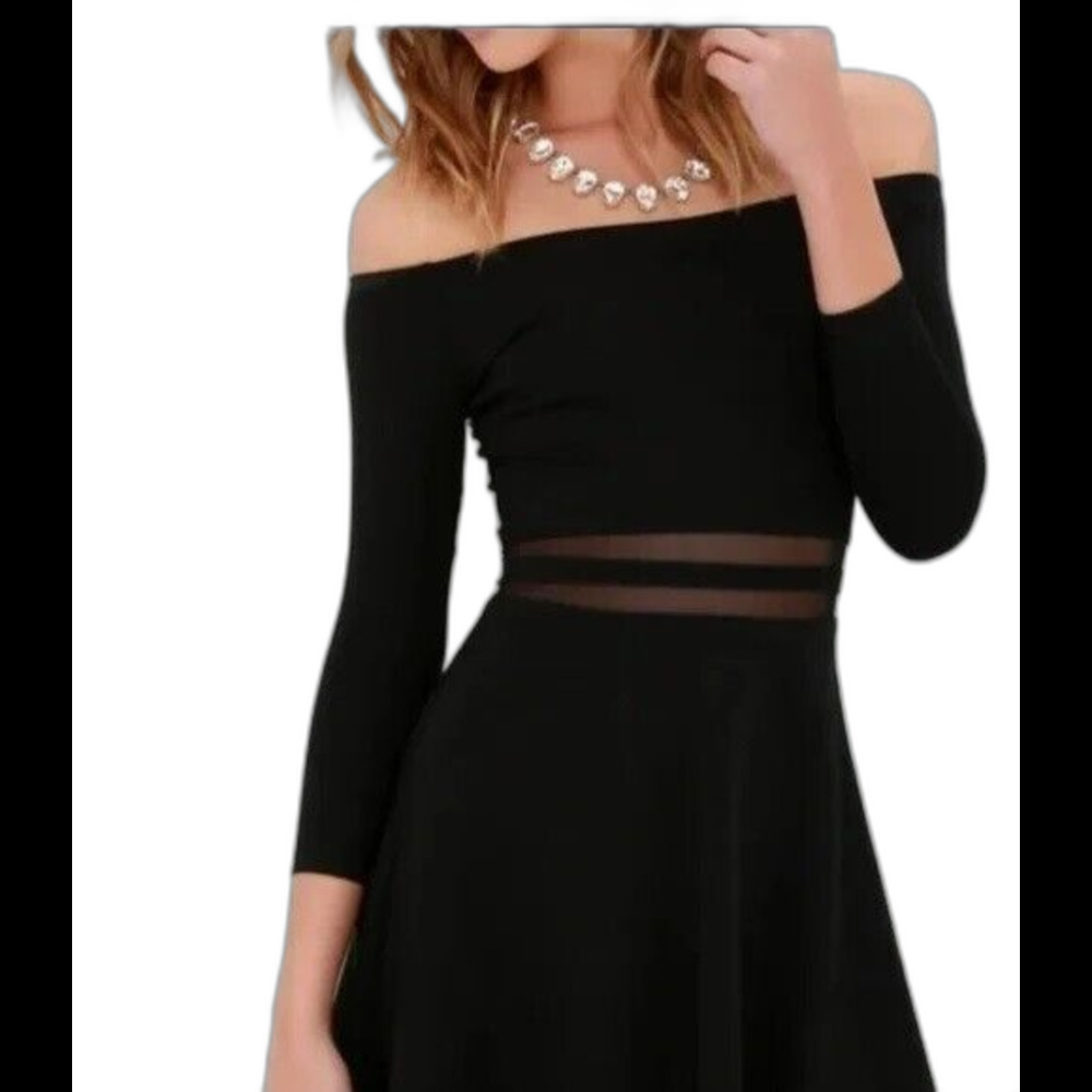 Lulus Women's Off the Shoulder Yes to the Mesh Black Mini Skater Dress S